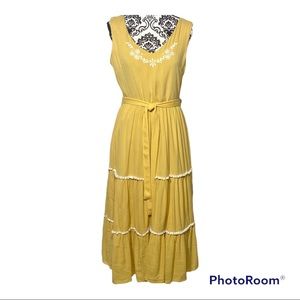 Joie NWT Yellow Tiered, Fringe Trim, & Floral Embroidered Midi Sleeveless Dress